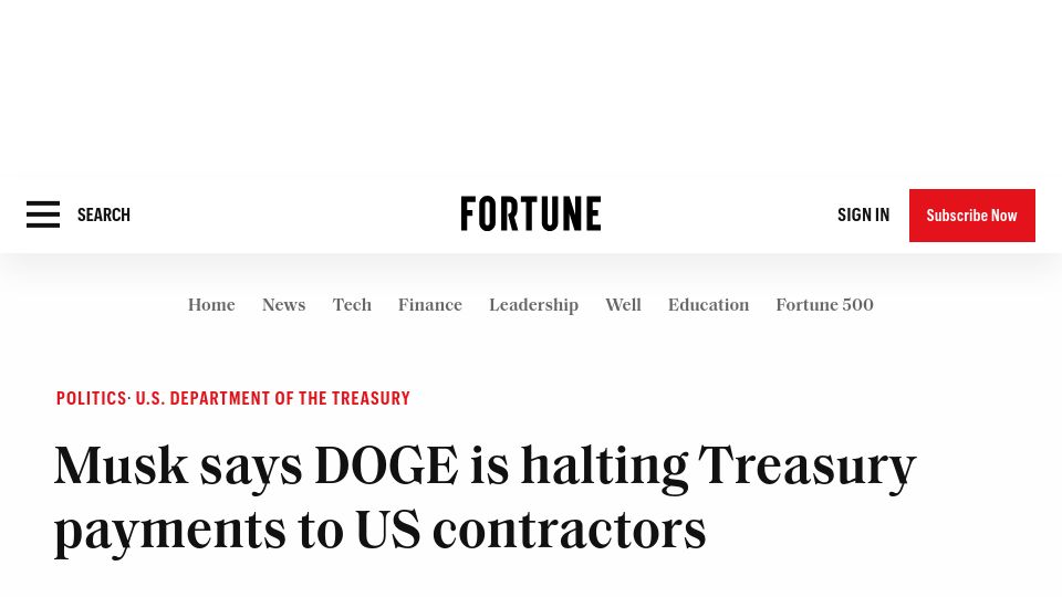 Screenshot of fortune.com: Musk says DOGE is halting Treasury payments to US contractors