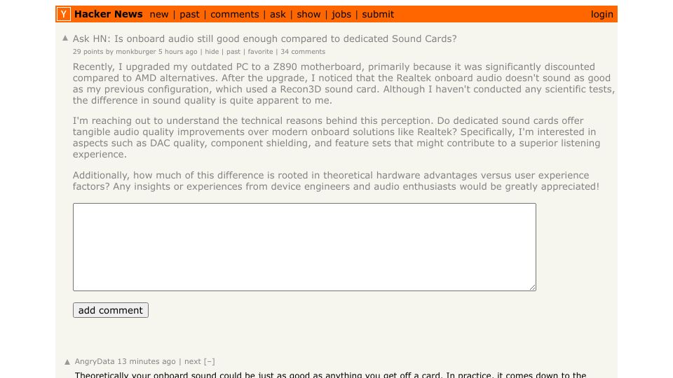 Screenshot of Hacker News post: Ask HN: Is onboard audio still good enough compared to dedicated Sound Cards?