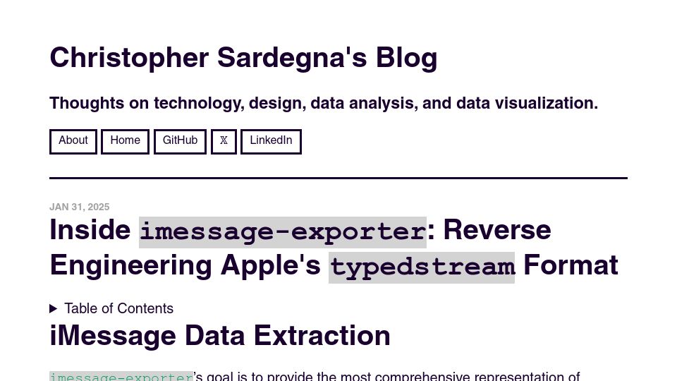 Screenshot of chrissardegna.com: Reverse Engineering Apple's typedstream Format