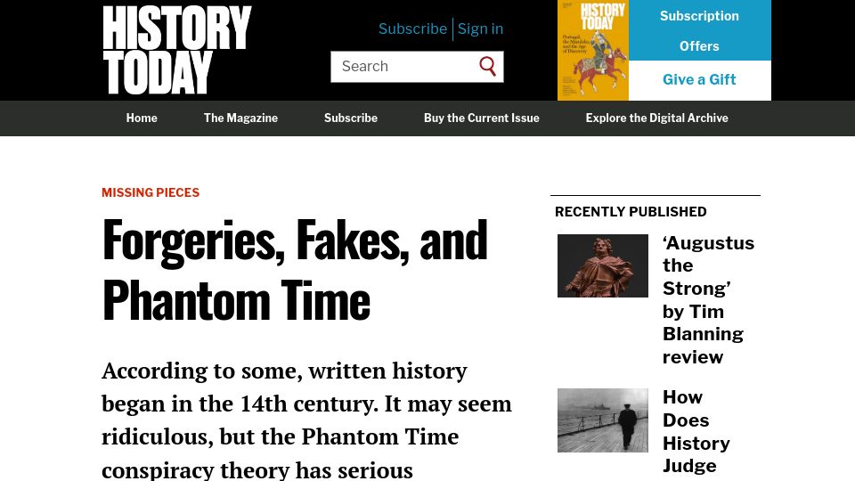 Screenshot of historytoday.com: Forgeries, Fakes, and Phantom Time