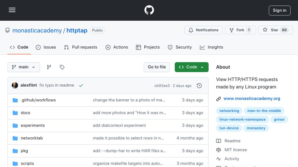 Screenshot of github.com: Httptap: View HTTP/HTTPS requests made by any Linux program