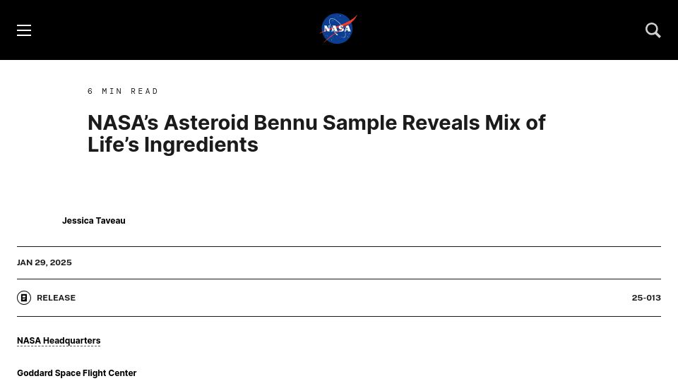 Screenshot of nasa.gov: NASA's Asteroid Bennu Sample Reveals Mix of Life's Ingredients