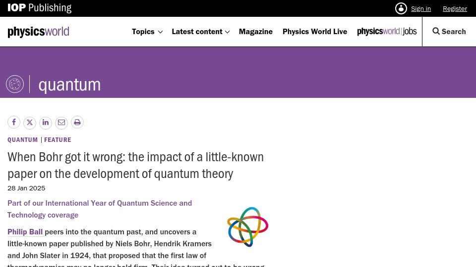 Screenshot of physicsworld.com: When Bohr got it wrong: the impact of a little-known paper on quantum theory