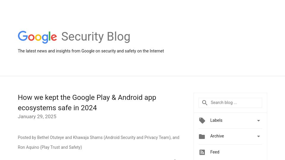 Screenshot of security.googleblog.com: Google removed 2.36M apps from Google Play using AI threat detection