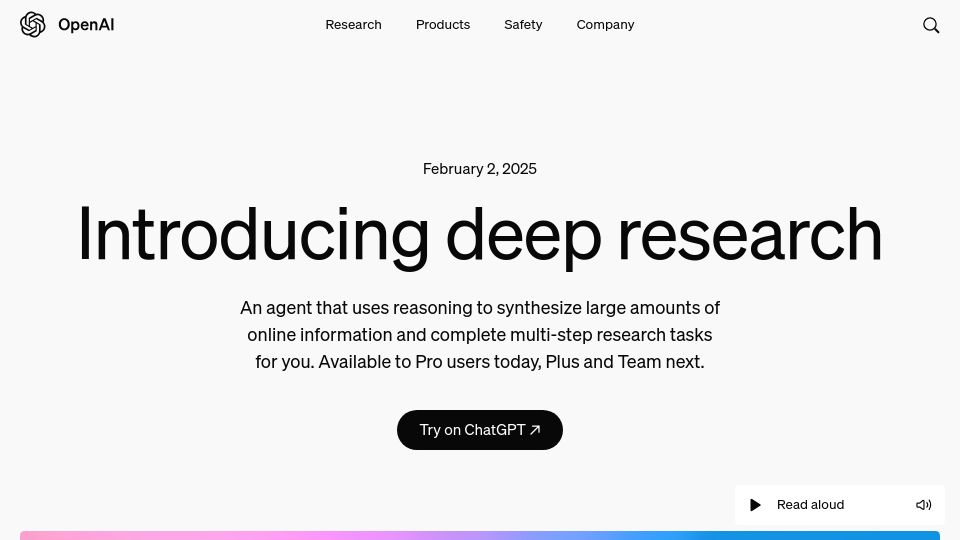 Screenshot of openai.com: Introducing deep research