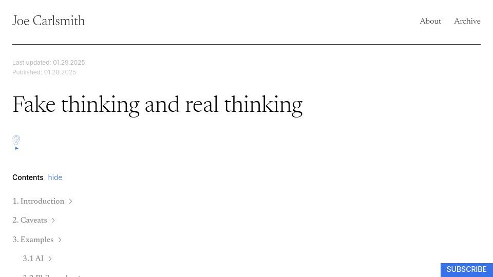 Screenshot of joecarlsmith.com: Fake thinking and real thinking