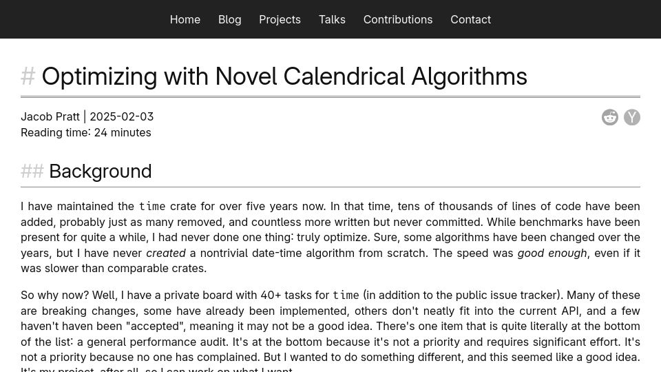 Screenshot of jhpratt.dev: Optimizing with Novel Calendrical Algorithms