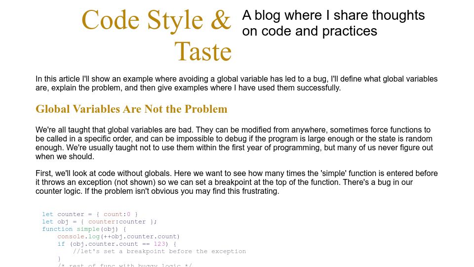 Screenshot of codestyleandtaste.com: Global variables are not the problem