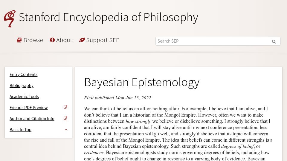 Screenshot of plato.stanford.edu: Bayesian Epistemology (2022)