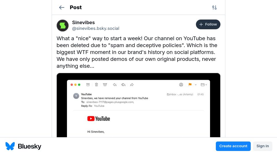 Screenshot of bsky.app: YouTube shut down audio developer's channel of 15 years standing for "reasons"