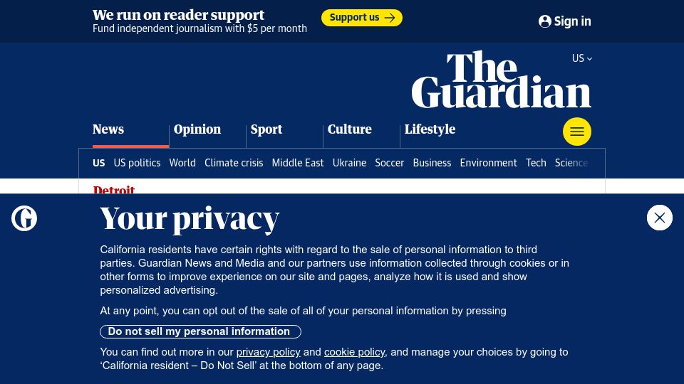 Screenshot of theguardian.com: Detroit’s revival takes shape after decades of decay