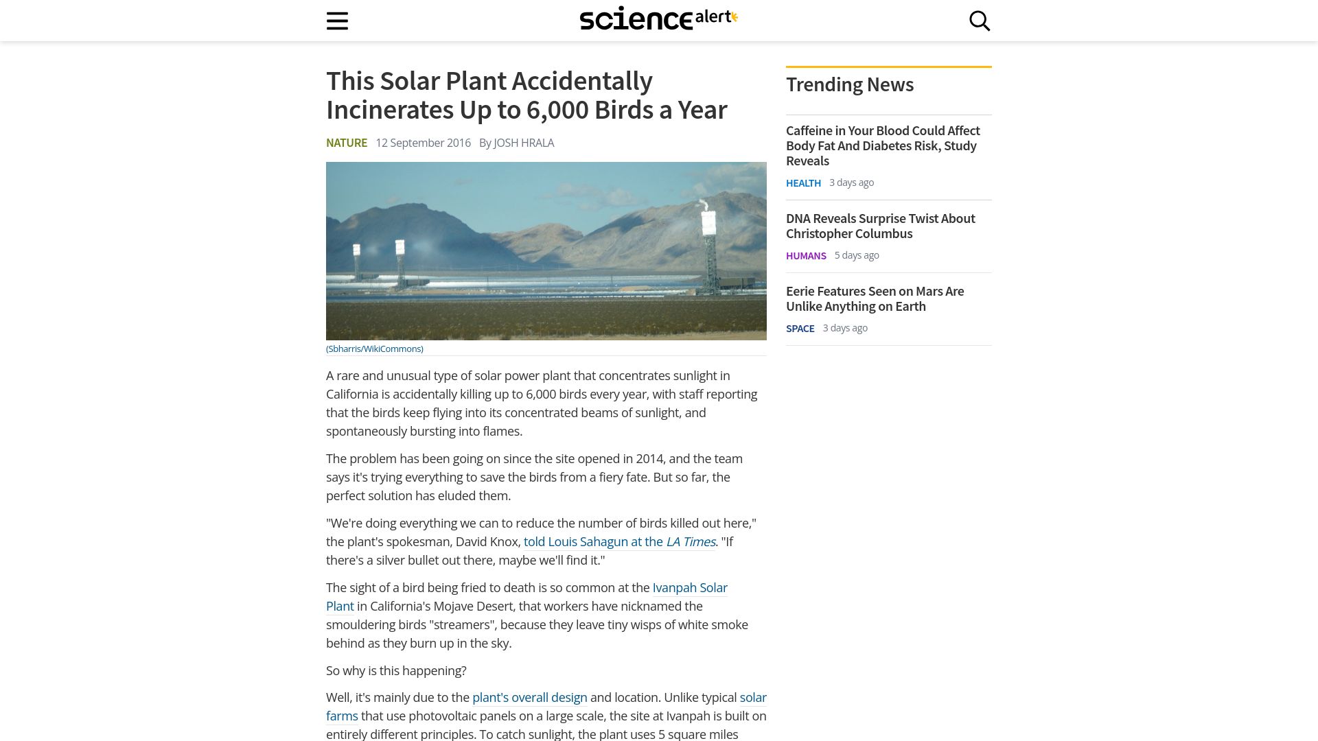 Screenshot of sciencealert.com: Nevada Ivanpah Solar Plant Accidentally Incinerates Up to 6k Birds a Year (2016)