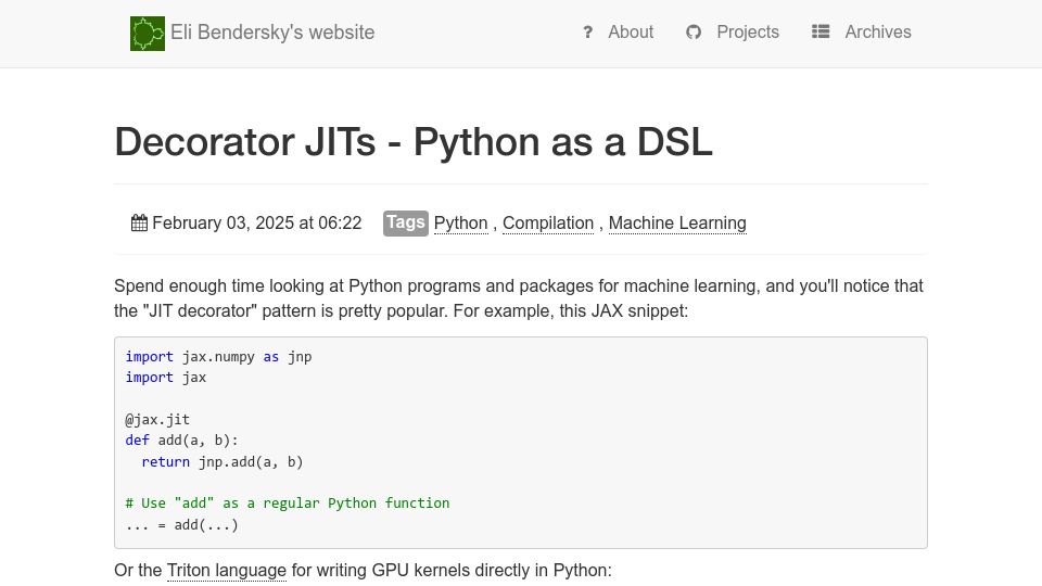Screenshot of eli.thegreenplace.net: Decorator JITs: Python as a DSL