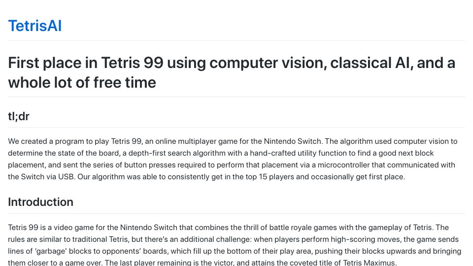 Screenshot of bpinzone.github.io: First place in Tetris 99 using computer vision, classical AI, a lot of free time
