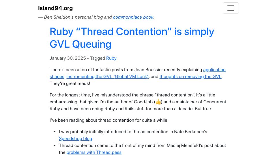 Screenshot of island94.org: Ruby “Thread Contention” Is Simply GVL Queuing