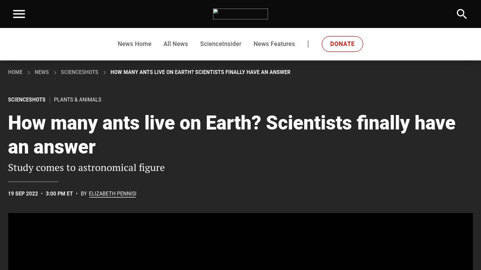 Screenshot of science.org: How many ants live on Earth? (2022)