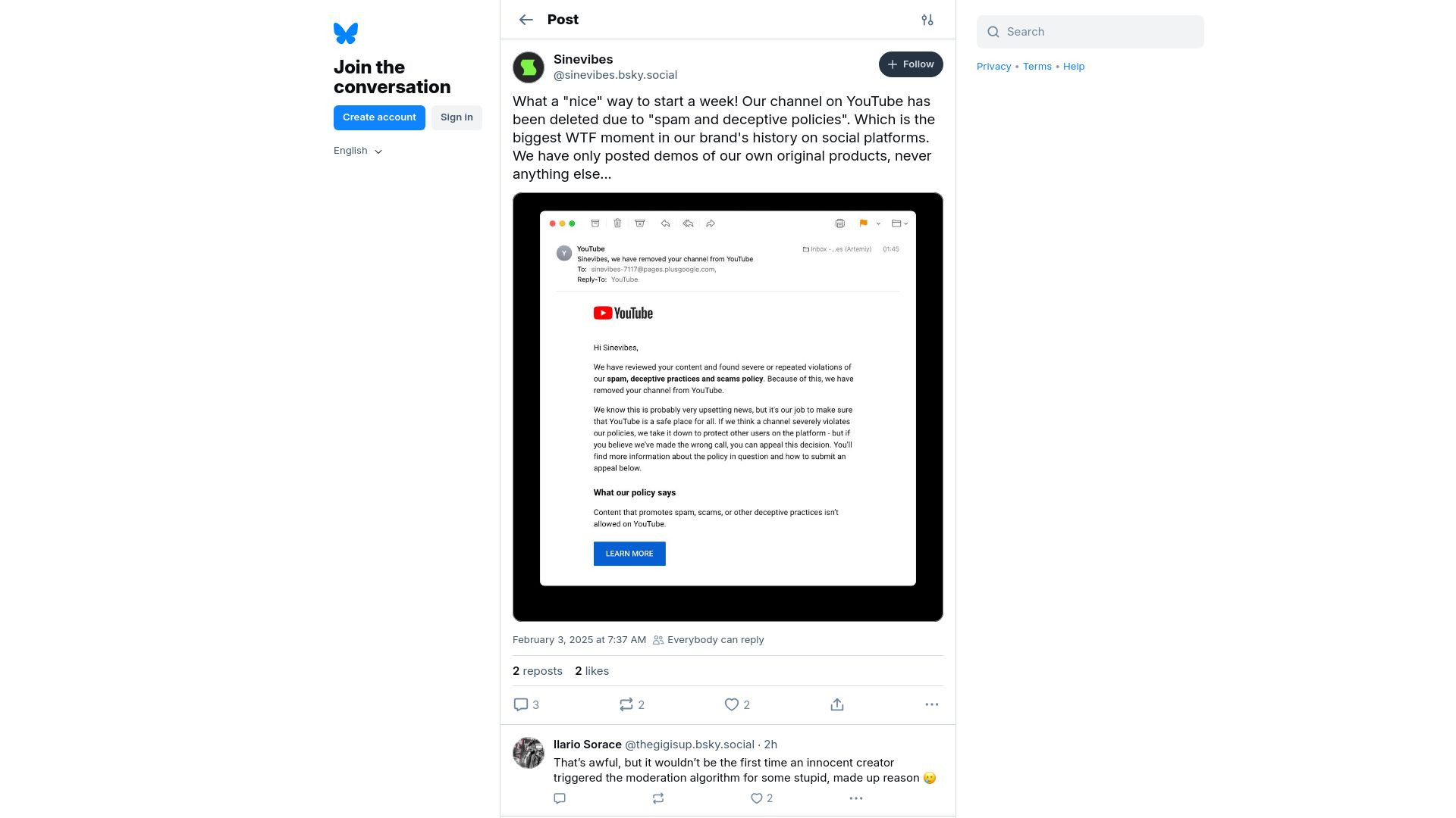 Screenshot of bsky.app: YouTube shut down audio developer's channel of 15 years standing for "reasons"