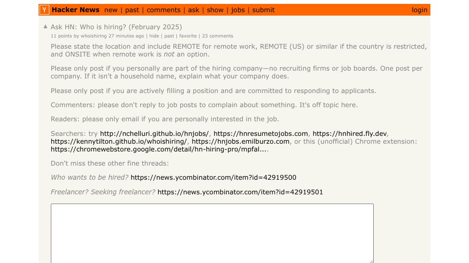 Screenshot of Hacker News post: Ask HN: Who is hiring? (February 2025)