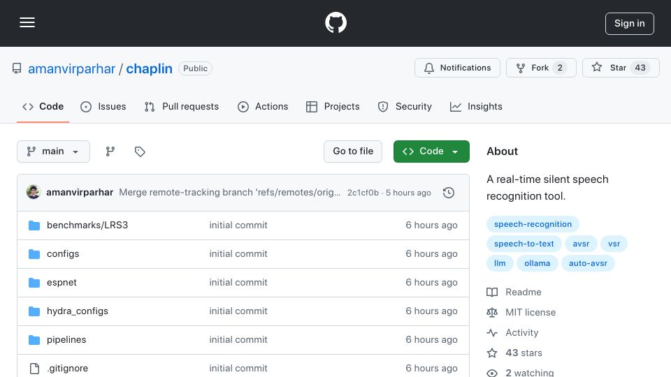 Screenshot of github.com: Chaplin: Local visual speech recognition (VSR) in real-time