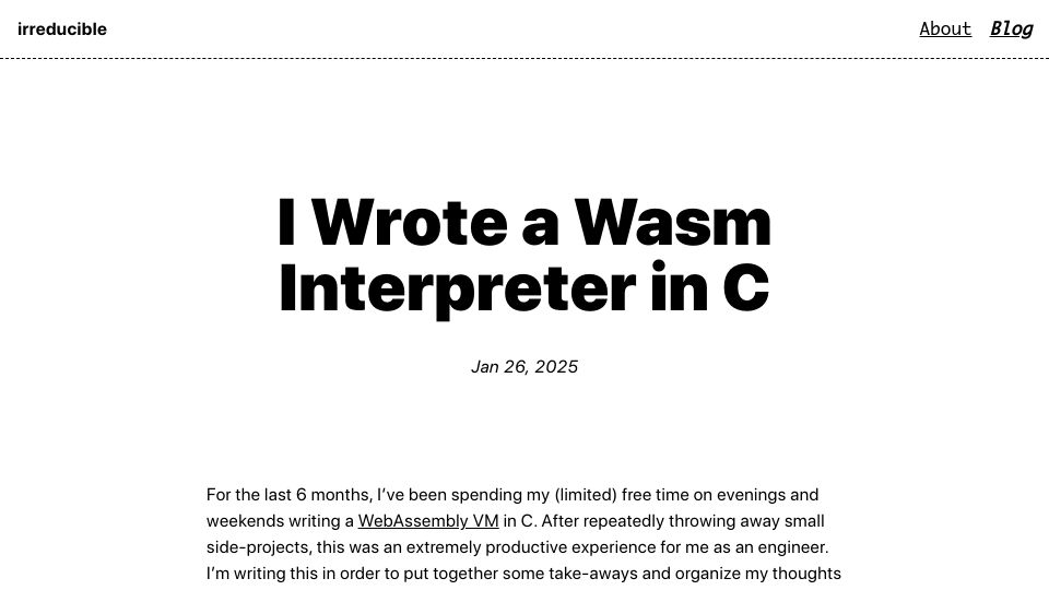 Screenshot of irreducible.io: I Wrote a WebAssembly VM in C