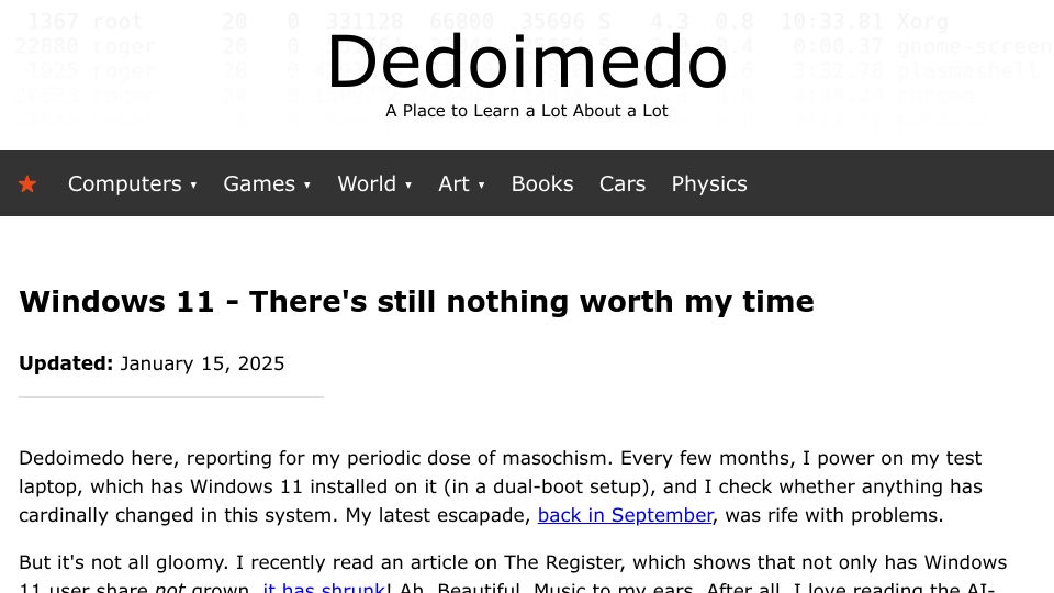 Screenshot of dedoimedo.com: Windows 11 – There's still nothing worth my time