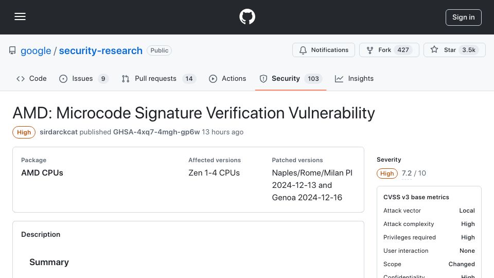 Screenshot of github.com: AMD: Microcode Signature Verification Vulnerability