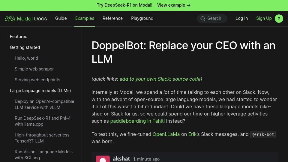 Screenshot of modal.com: DoppelBot: Replace Your CEO with an LLM