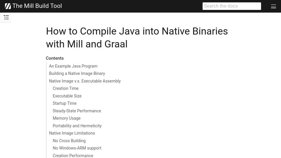 Screenshot of mill-build.org: How to Compile Java into Native Binaries with Mill and Graal