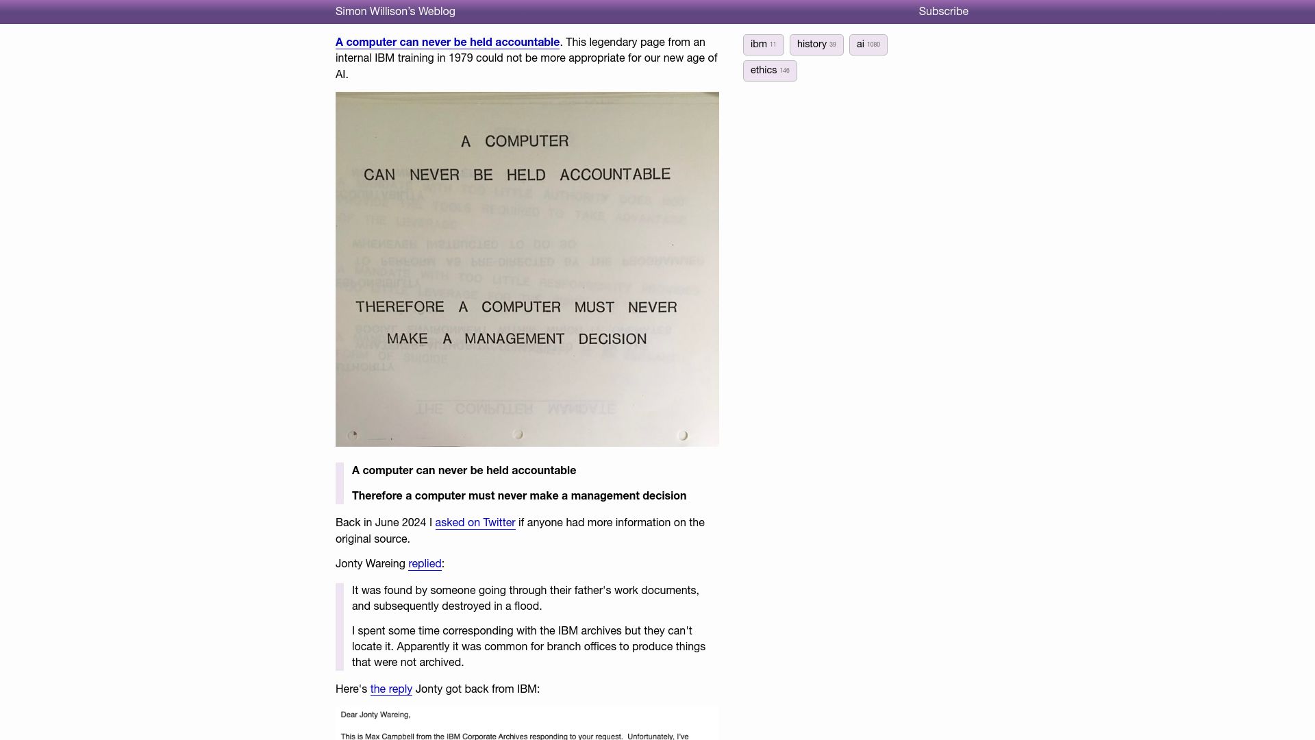 Screenshot of simonwillison.net: "A computer can never be held accountable"