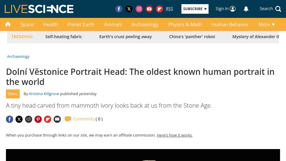 Screenshot of livescience.com: Dolní Vĕstonice Portrait Head: The oldest known human portrait in the world
