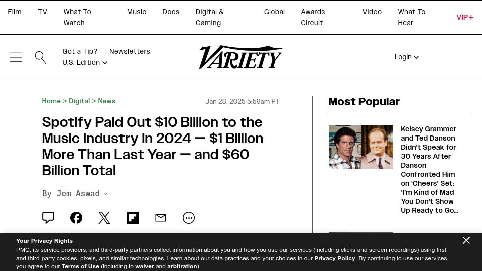 Screenshot of variety.com: Spotify Paid $10B to the Music Industry in 2024, $1B More Than Last Year