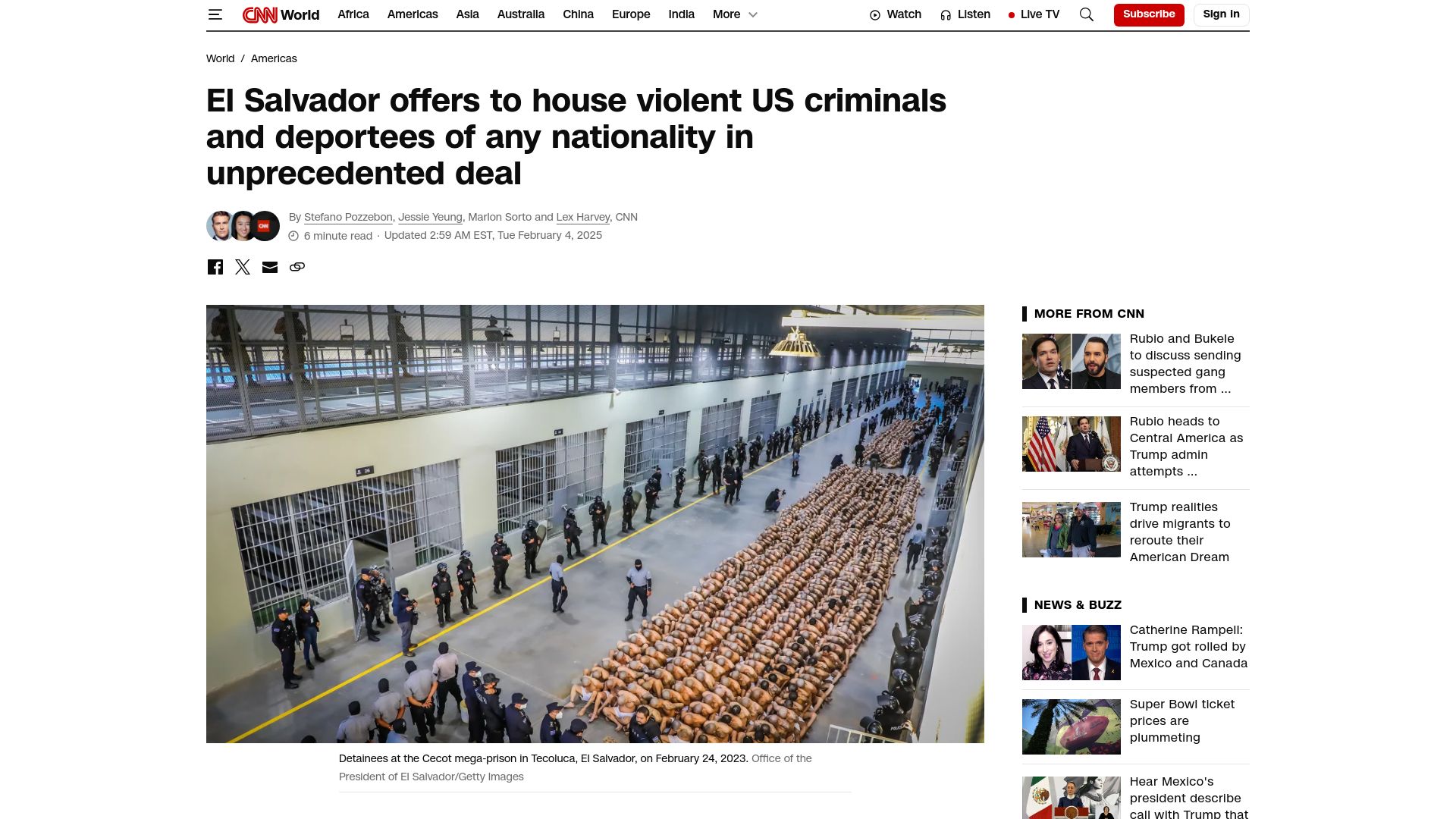 Screenshot of cnn.com: El Salvador offers to house violent US criminals and deportees of any nation