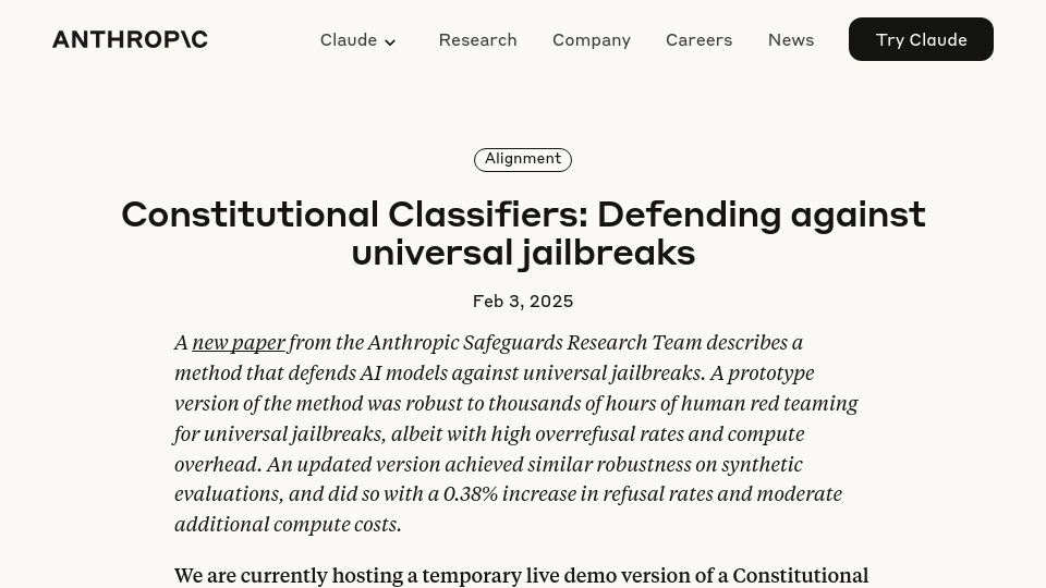 Screenshot of anthropic.com: Constitutional Classifiers: Defending against universal jailbreaks