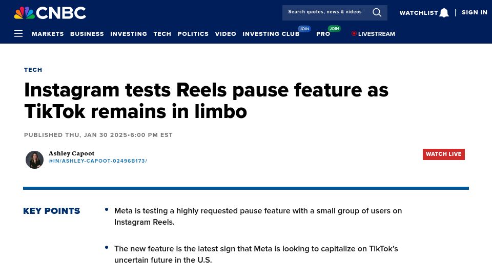 Screenshot of cnbc.com: Instagram tests Reels pause feature as TikTok remains in limbo