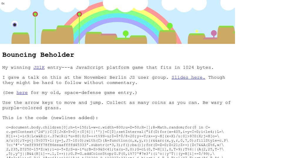 Screenshot of marijnhaverbeke.nl: Bouncing Beholder, my winning JS1K entry (2012)