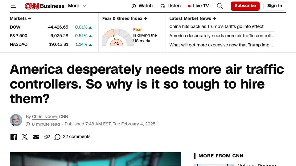 Screenshot of cnn.com: America desperately needs more air traffic controllers