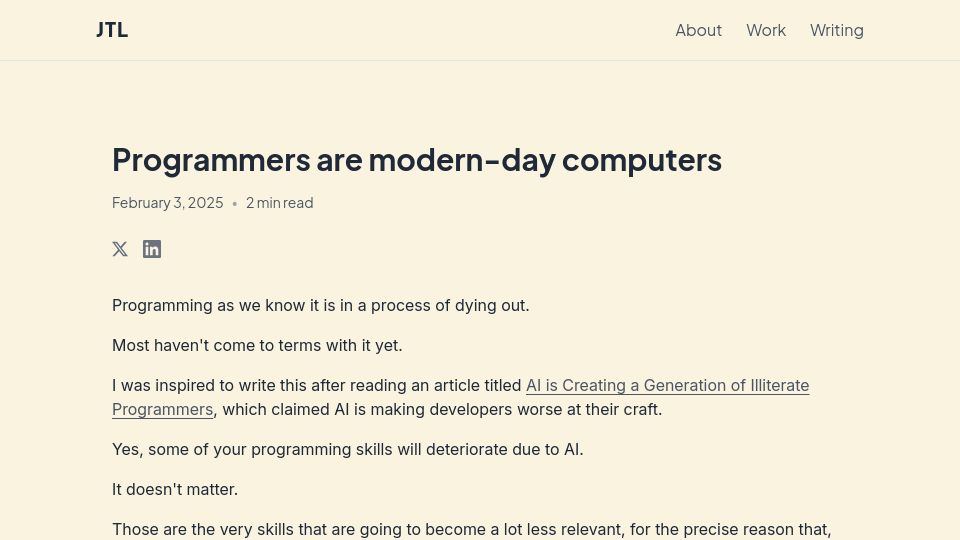 Screenshot of jtlicardo.com: Programmers are modern-day computers