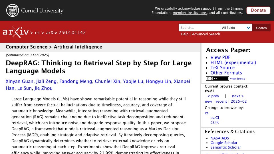Screenshot of arxiv.org: DeepRAG: Thinking to retrieval step by step for large language models