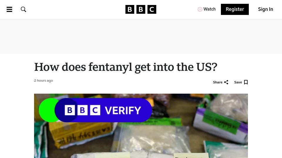 Screenshot of bbc.com: How does fentanyl get into the US?