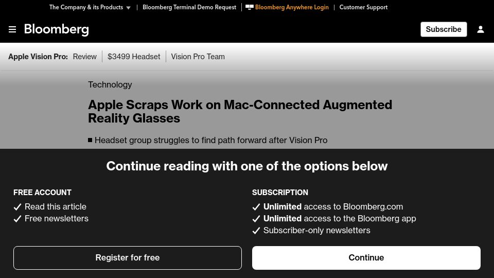 Screenshot of bloomberg.com: Apple Scraps Work on Mac-Connected Augmented Reality Glasses