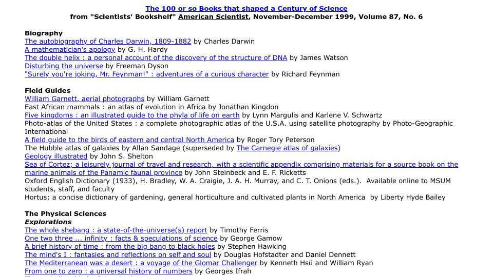 Screenshot of web.mnstate.edu: 100 Or so Books that shaped a Century of Science