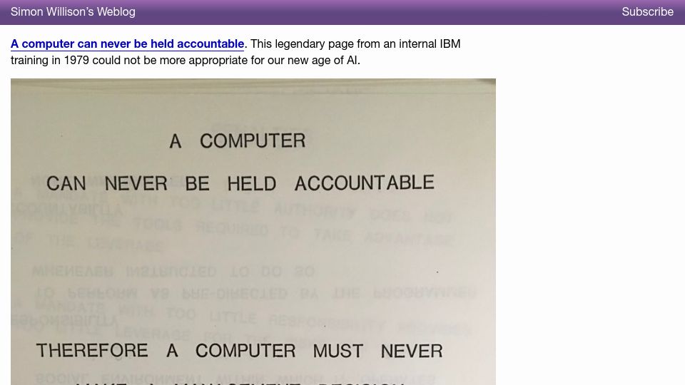 Screenshot of simonwillison.net: "A computer can never be held accountable"