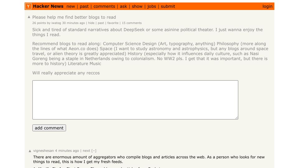 Screenshot of Hacker News post: Please help me find better blogs to read