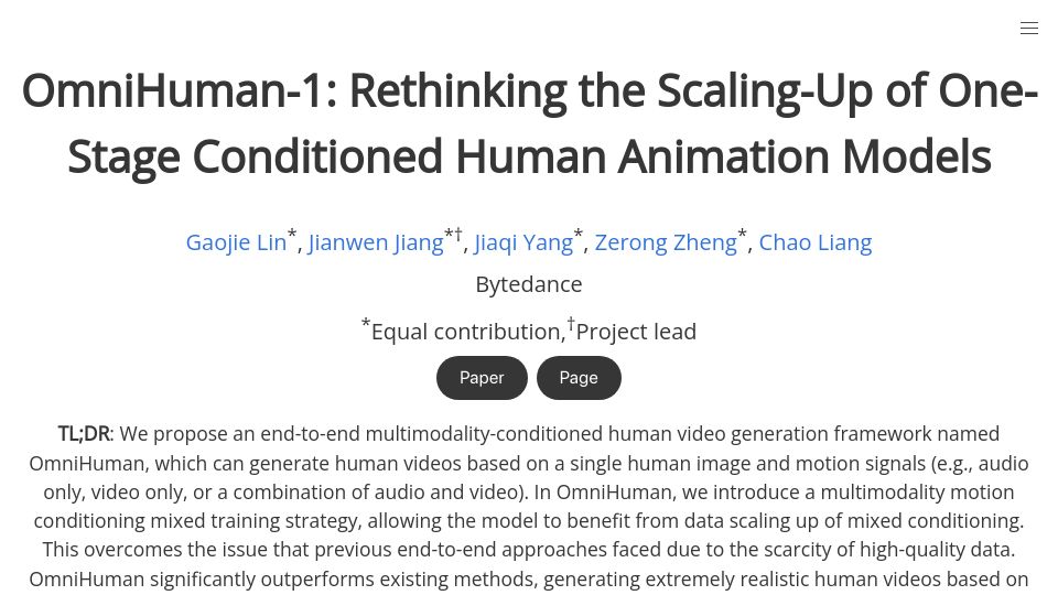 Screenshot of omnihuman-lab.github.io: OmniHuman-1: Human Animation Models