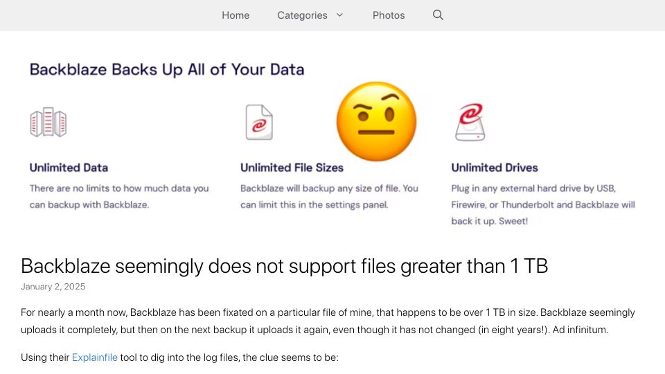 Screenshot of wadetregaskis.com: Backblaze seemingly does not support files greater than 1 TB