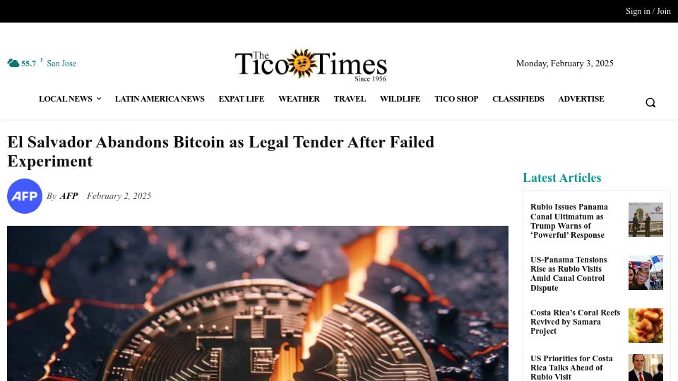 Screenshot of ticotimes.net: El Salvador abandons Bitcoin as legal tender