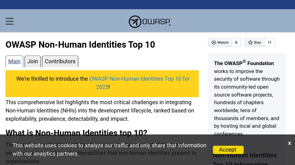 Screenshot of owasp.org: OWASP Non-Human Identities Top 10
