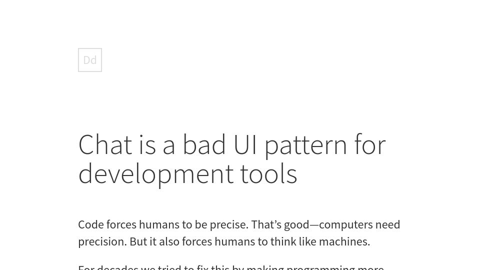 Screenshot of danieldelaney.net: Chat is a bad UI pattern for development tools