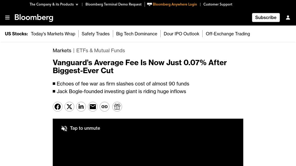 Screenshot of bloomberg.com: Vanguard's average fee is now 0.07% after biggest-ever cut