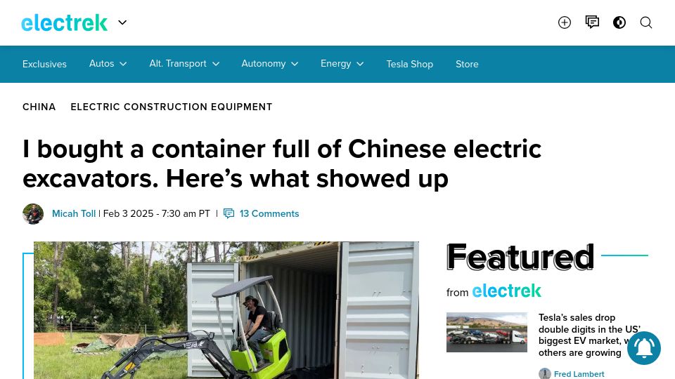 Screenshot of electrek.co: I bought a container full of Chinese electric excavators. Here's what showed up